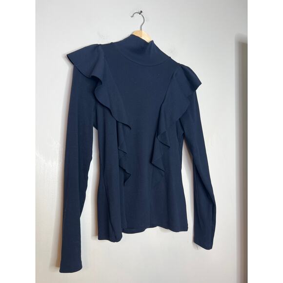 NEW Veronica Beard Freida Ruffles Turtle Neck Ribbed Long Sleeve Top Navy Blue - Picture 3 of 7